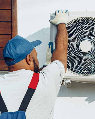 repairman in uniform installing the outside unit o LQWVHWK 1 1